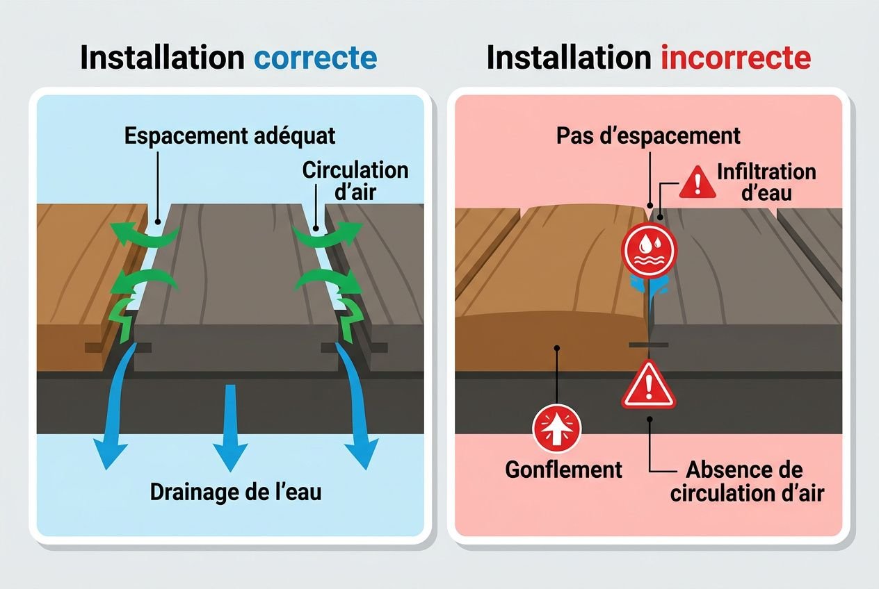 Diagramme comparant installation correcte et incorrecte d'une terrasse: drainage, espace et circulation d'air évidents en gauche, insuffisance d'espacement et infiltration d'eau à droite. terrasse composite + inconvénients.