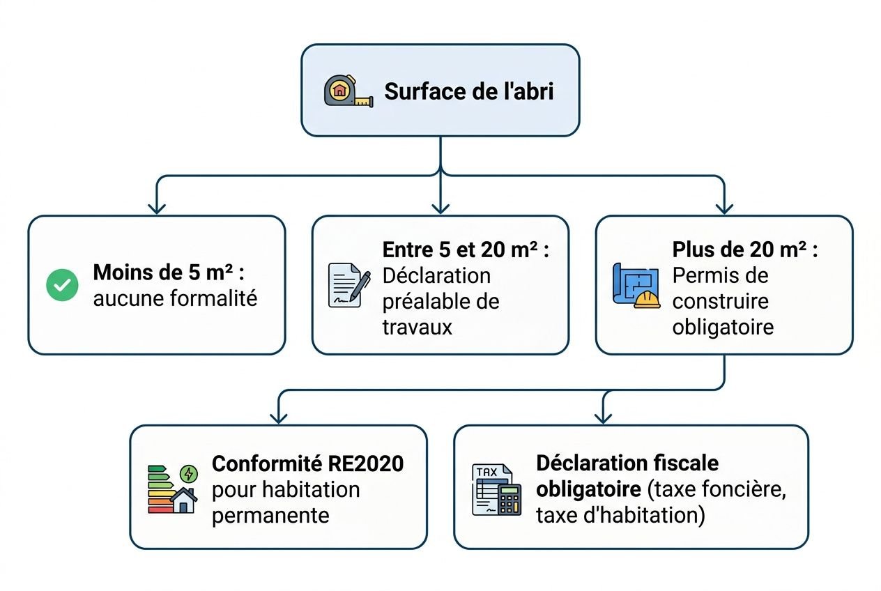 Diagramme hiérarchique sur la surface de l’abri: surface de l’abri en haut, puis Moins de 5 m², Entre 5 et 20 m², Plus de 20 m²; puis Conformité RE2020 et Déclaration fiscale obligatoire. Abris de jardin habitables.