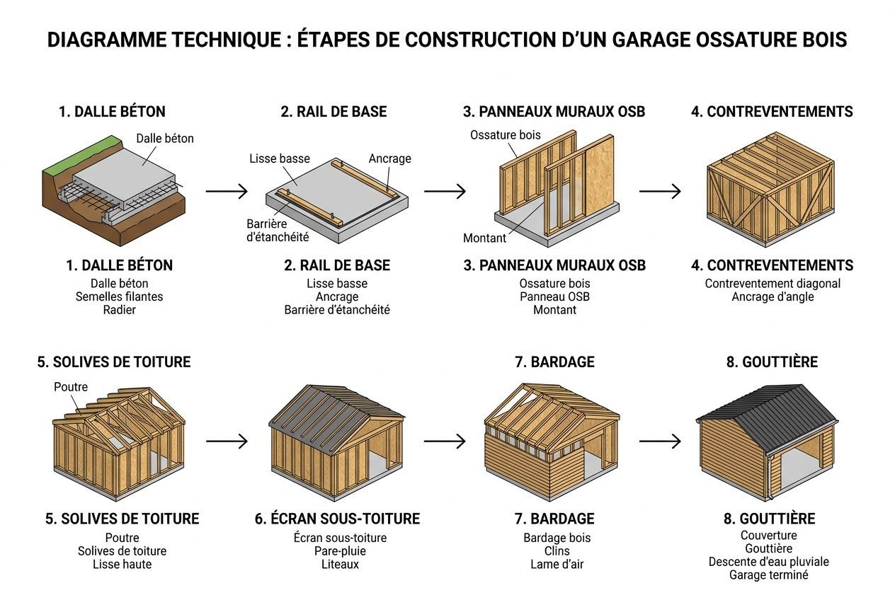 Diagramme technique des étapes de construction d’un garage ossature bois, incluant fondation, mur ossature bois, bardage et finition.