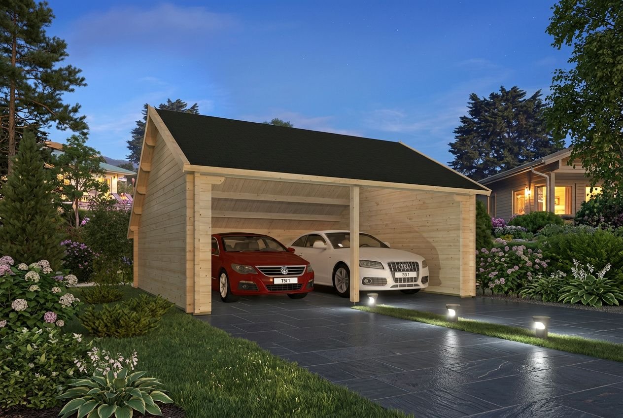 Dimension d'un garage en bois: vue nocturne d’un garage privatif ossature bois pour 2 véhicules face à une allée pavée.
