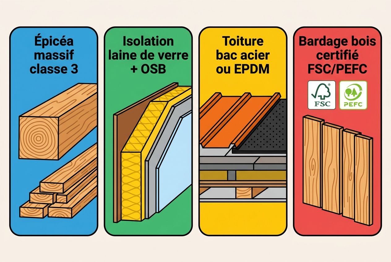 Éléments d’isolation et de structure pour habitation: épicéa massif, isolation laine de verre + OSB, toiture bac acier ou EPDM, bardage bois FSC/PEFC et planches clouées. (garage ossature bois sur mesure)