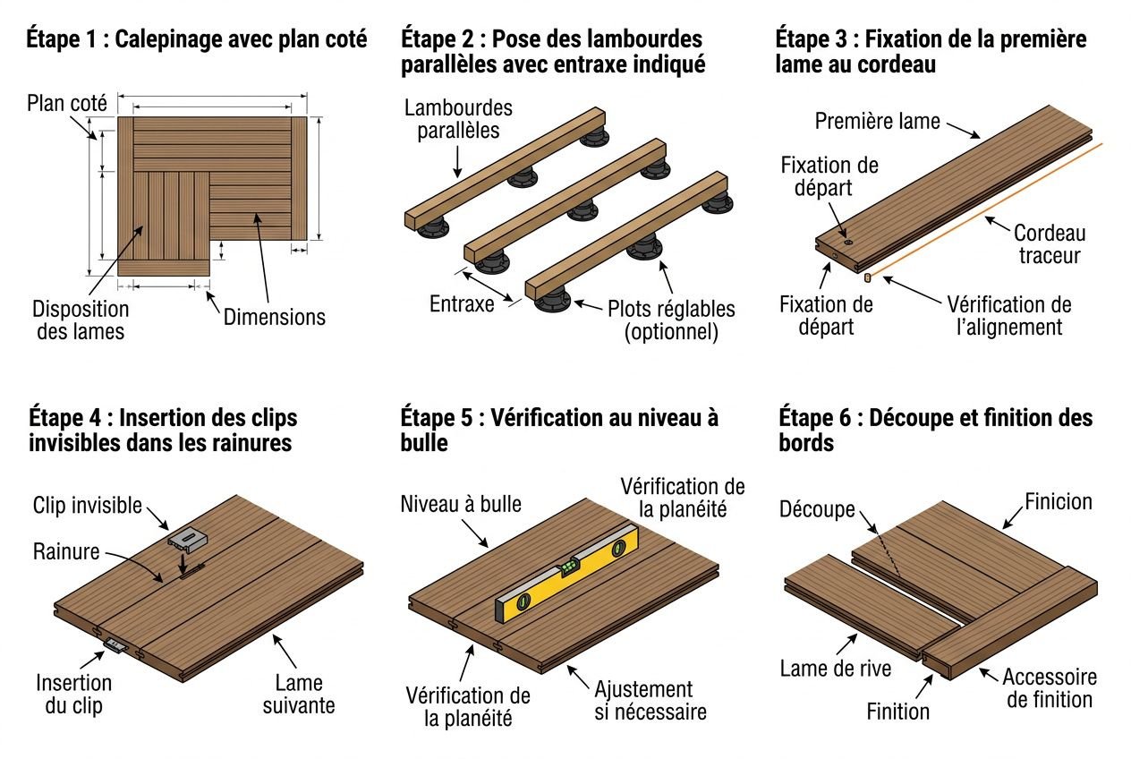Étapes illustrées pour installer lames terrasse composite avec calepinage, lambourdes, fixation, et finitions.