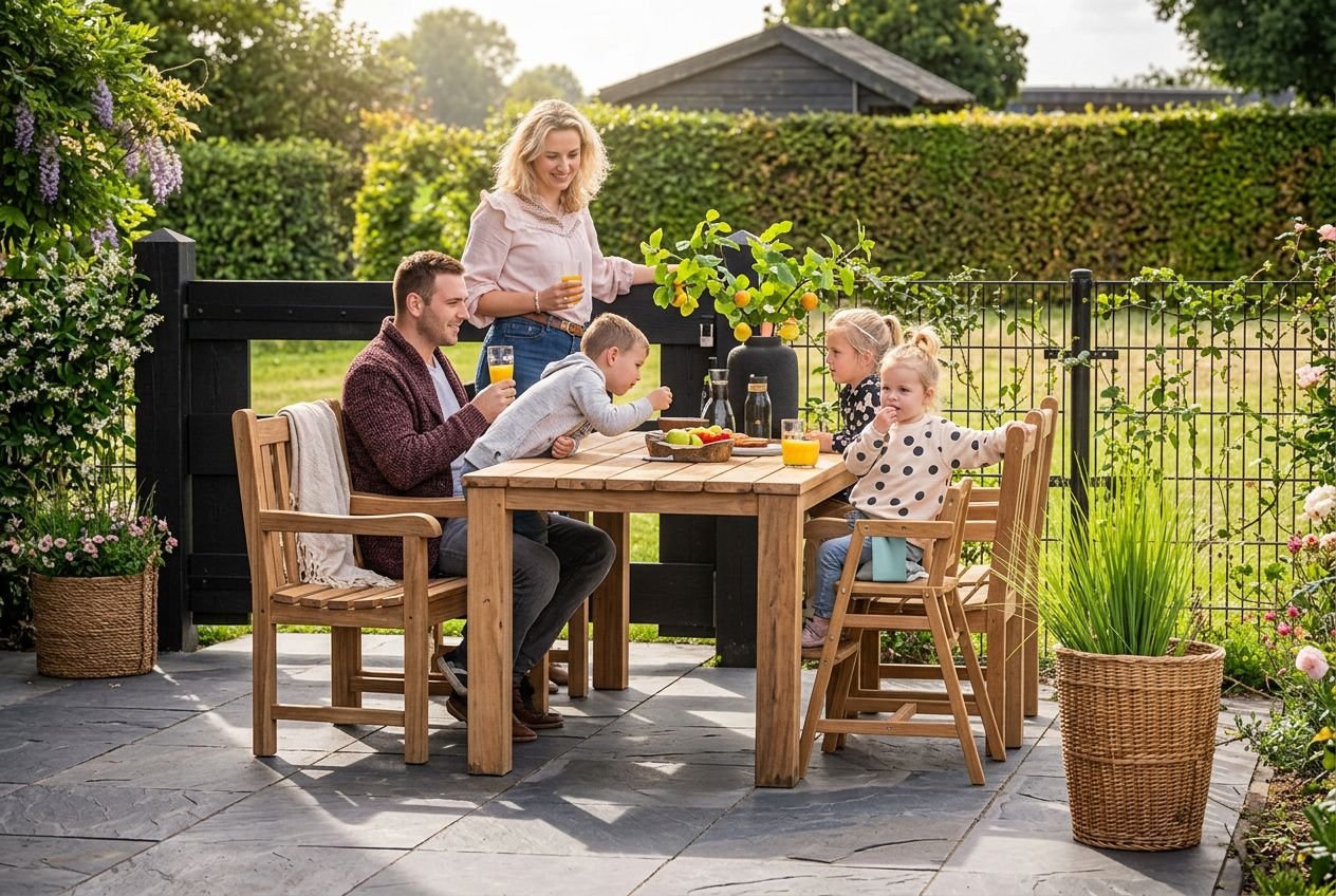 Famille autour d’une table de jardin en bois massif, repas et boissons sur la terrasse en plein air. salon de jardin en bois massif intégré.