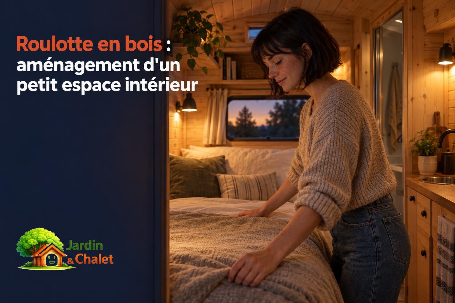 Une femme ajuste un lit dans l’intérieur chaleureux d’une roulotte en bois.