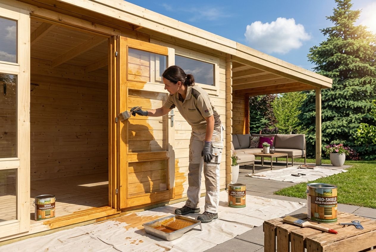 Femme appliquant une lasure sur la porte et les murs d’un pool house en bois en plein air, pose d’un vaporisateur et pots de produits d’entretien visibles. entretien poolhouse bois.