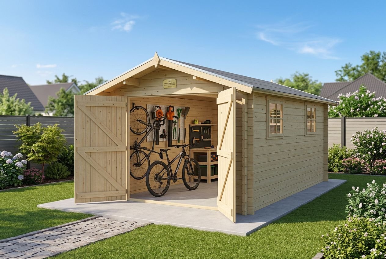 Garage en bois habitable équipé pour rangement et vélos, sur une dalle, entouré de verdure et clôture. garage bois habitable normes
