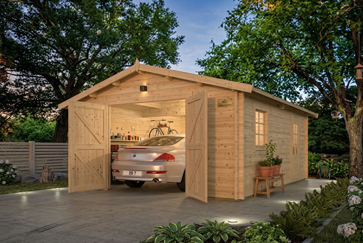 Garage bois habitable avec porte ouverte, voiture garée à l’intérieur, structure en bois et éclairage extérieur, jardin entourant le atelier. garage bois habitable normes