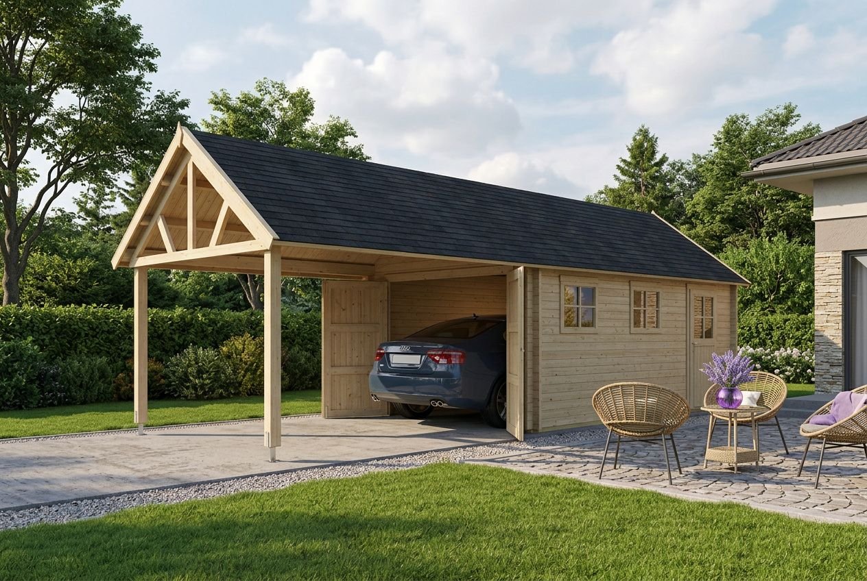 Garage en bois avec porte double, mélange d’abri voiture et espace salon extérieur, entouré de verdure et terrasse. garage bois habitable normes
