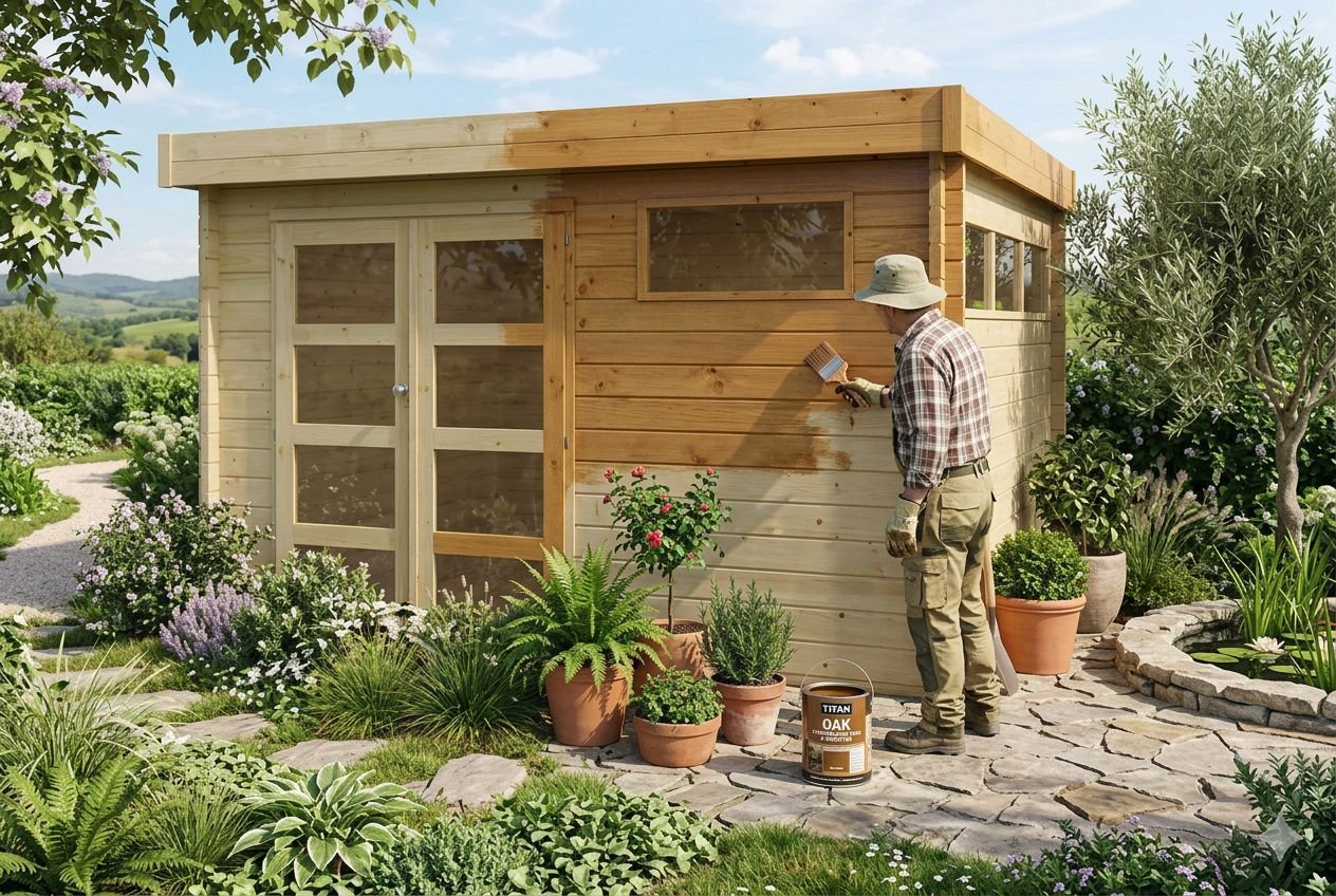 Homme appliquant une lasure sur le bois d’un pool house, entouré de pots de plantes et d’un décor de jardin. entretien poolhouse bois, huile d’imprégnation.