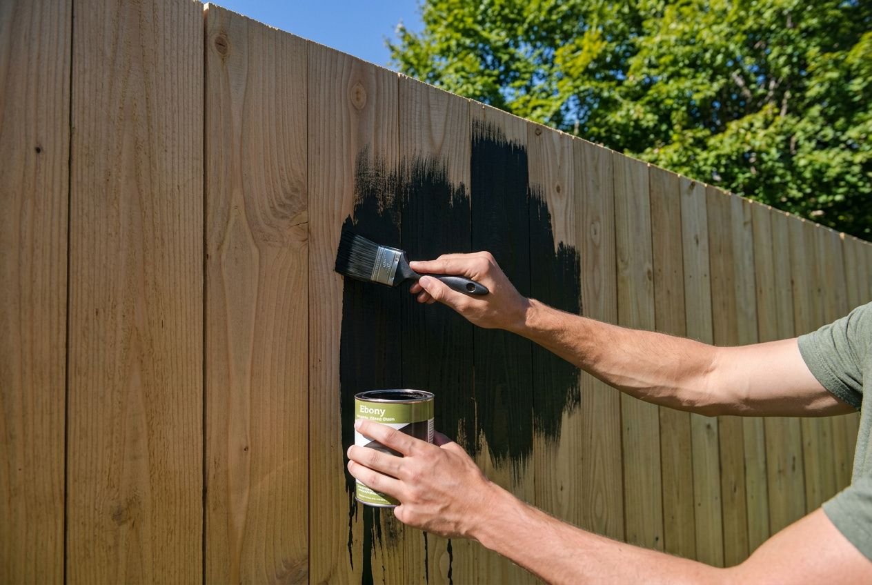 Homme appliquant une peinture noire sur un panneau en bois d’un abri de jardin avec un pinceau et un pot de produit de traitement. comment entretenir un abri de jardin en bois.