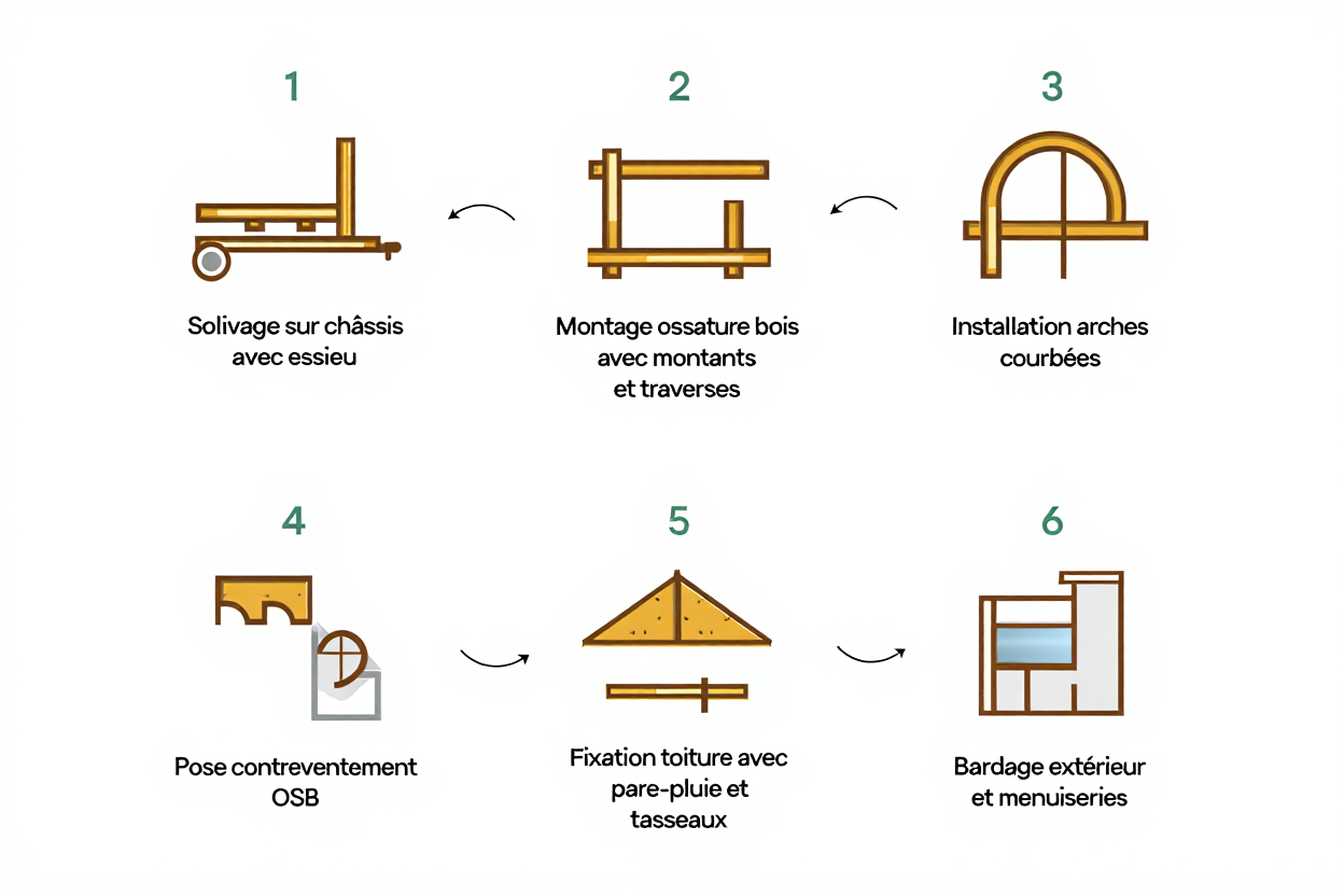 Illustration étape par étape pour construire une roulotte sur remorque: montage, arêtes et bardage extérieurs, ossature bois et isolation, puis aménagement intérieur.