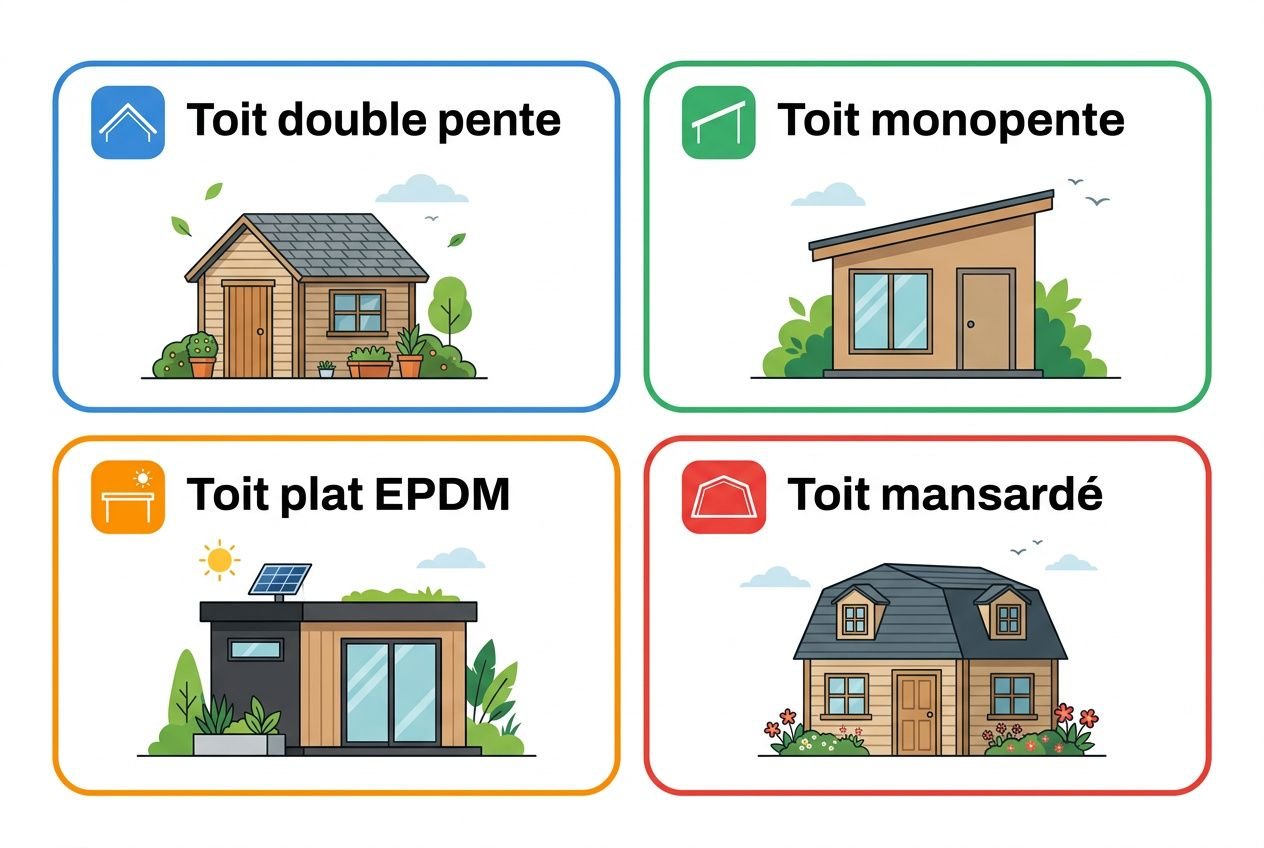 Illustration de quatre types de toits: Toit double pente, Toit monopente, Toit plat EPDM, Toit mansardé.