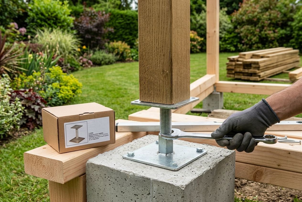 Installation d’un socle métallique et bois pour supports de construction, sur un socle en béton, avec planches de bois à proximité dans le jardin. Chalet de jardin habitable 30m2 (alt text).