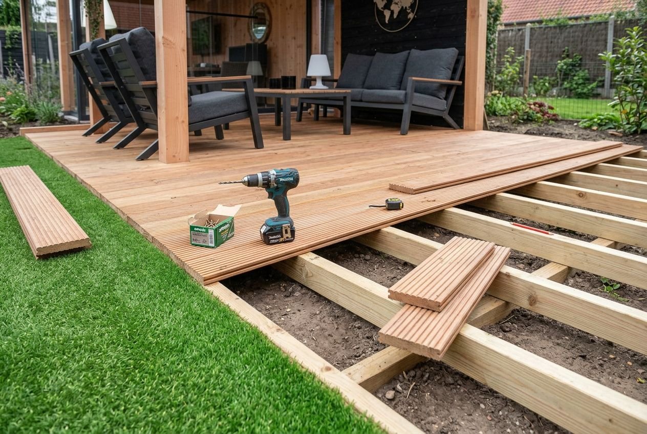 Installation d’une terrasse composite en cours avec outils et lames posées sur la structure en bois, prêt à fixer. posER terrasse composite