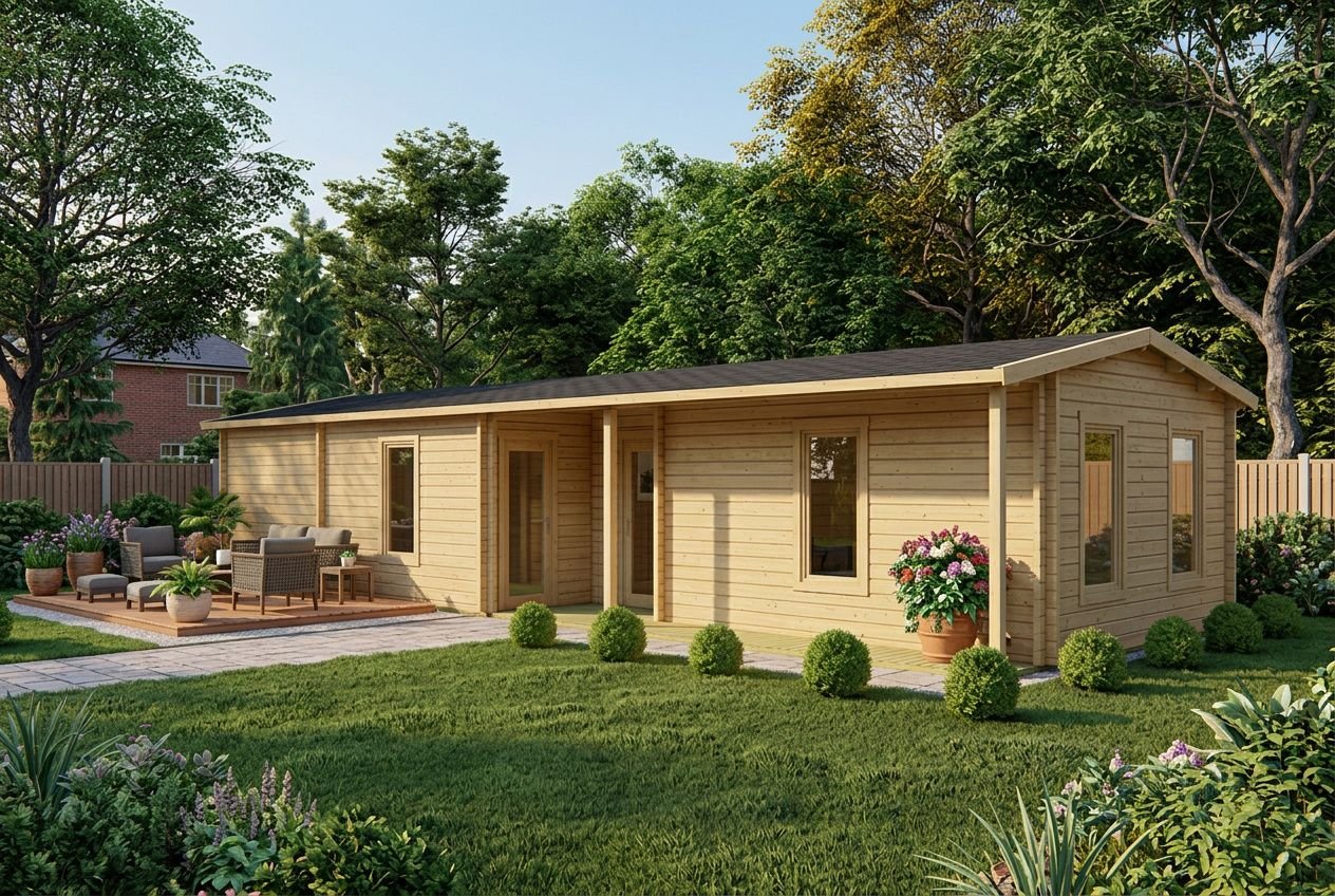 Maison en bois moderne dans un jardin bien entretenu, avec terrasse et verdure autour. Construire un chalet en bois sans autorisation évoqué.
