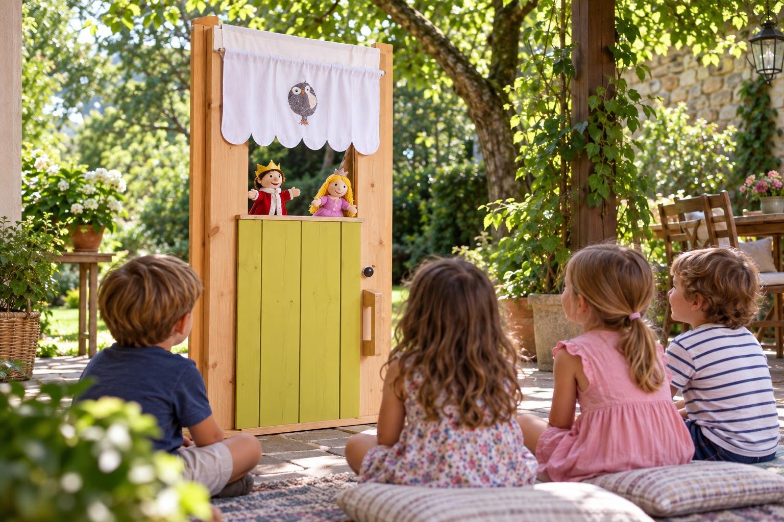 Mini-théâtre d’ombres avec trois marionnettes en bois et un rideau blanc, posé dans un jardin ombragé.