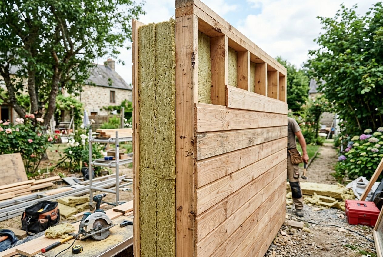 Mur en bois avec isolation intégrée en mousse ou laine de roche, chantier extérieur. "isolation chalet bois habitable" construction estivale.