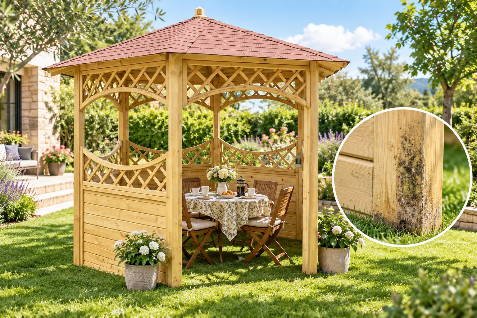 Pavillon en bois dans le jardin avec table et chaises, entouré d’arbres et de fleurs, et moisissure noire sur la base d’un