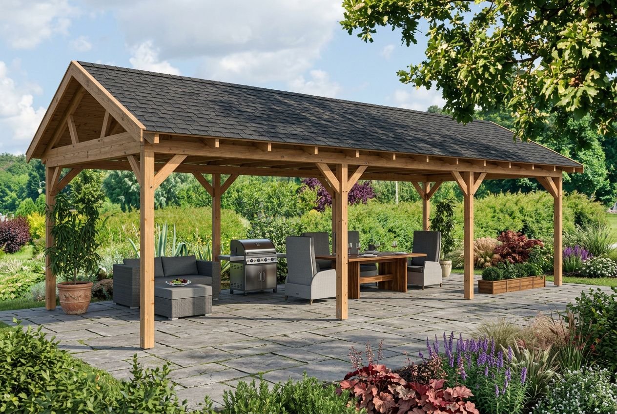 Pavillon en bois sur terrasse pavée, avec coin barbecue et mobilier d’extérieur, entouré de verdure et de jardin fleuri. Autoconstruction ossature bois possible inspiration.