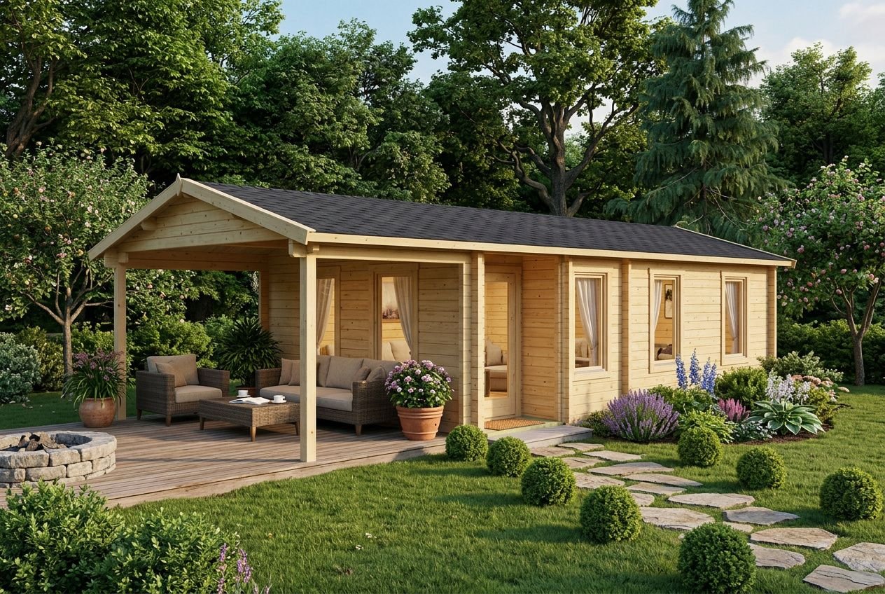 Pergola et chalet en bois élégant dans le jardin, espaces de vie extérieurs, plantes décoratives et chemin en pierre. Permis? permis de construire maison en bois.