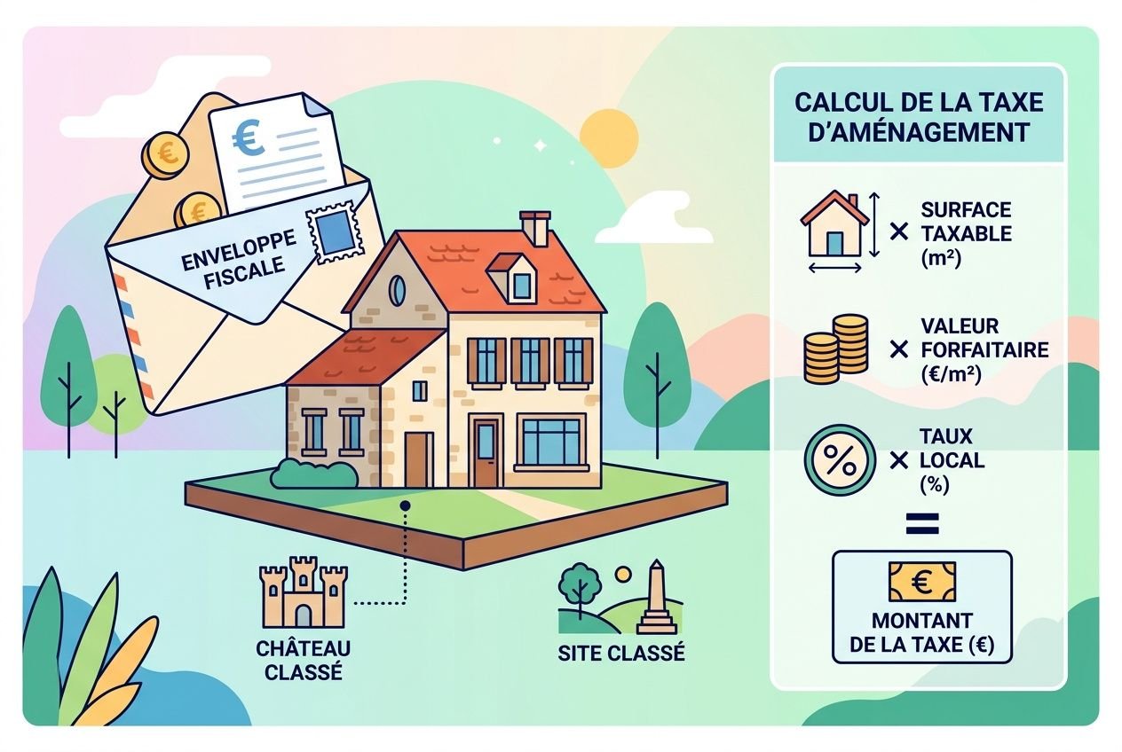 Permis de construire abri de jardin illustré: maison et enveloppe fiscale, calcul de la taxe d’aménagement, éléments de site classé.