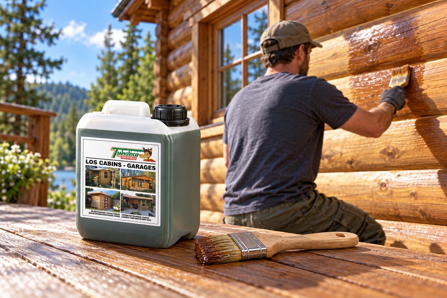 Personne appliquant un traitement de finition sur le bois d’un chalet en façade avec un seau et un pinceau sur la terrasse.