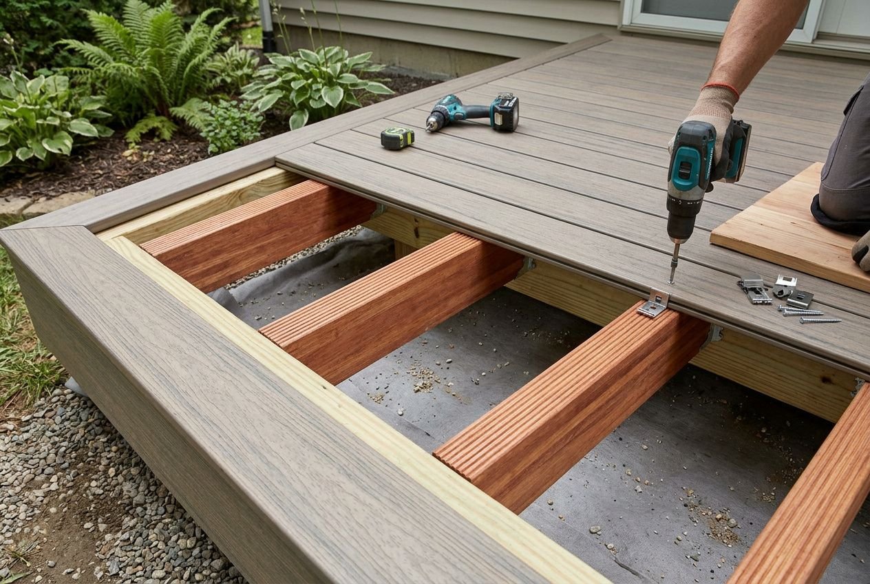Personne posant une terrasse composite : outils et lames prêtes à être fixées sur des lambourdes en bois, étape de préparation du sol.
