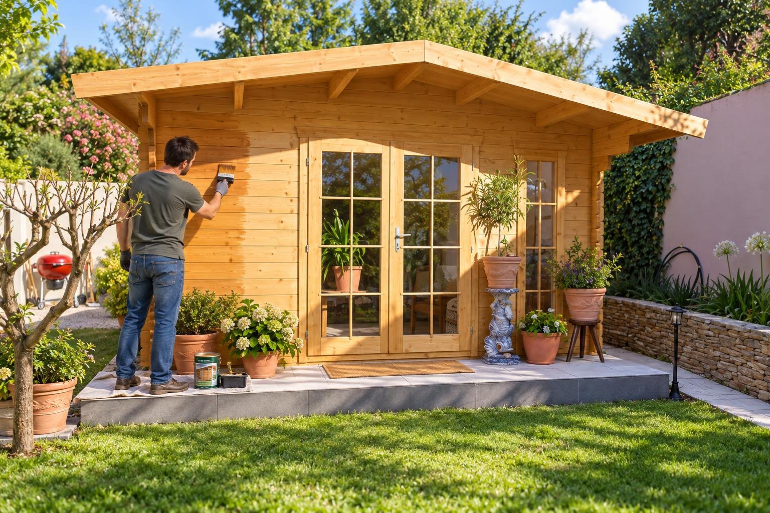 Personne en t-shirt peinturant une façade en bois d’un petit chalet de jardin sur une terrasse entourée de pots de fleurs.