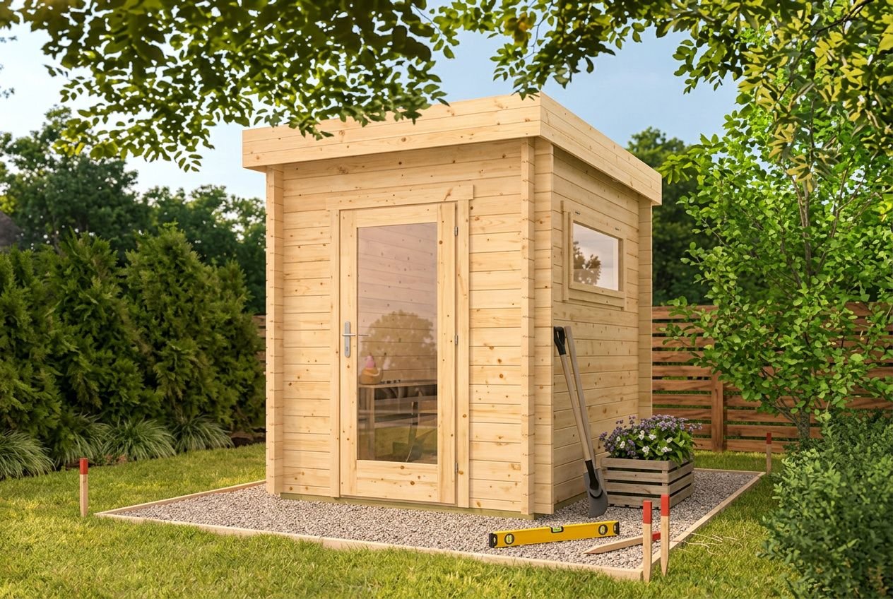 Petit abri de jardin en bois clair avec porte et fenêtre, posé sur une dalle gravillonnée dans un jardin.
