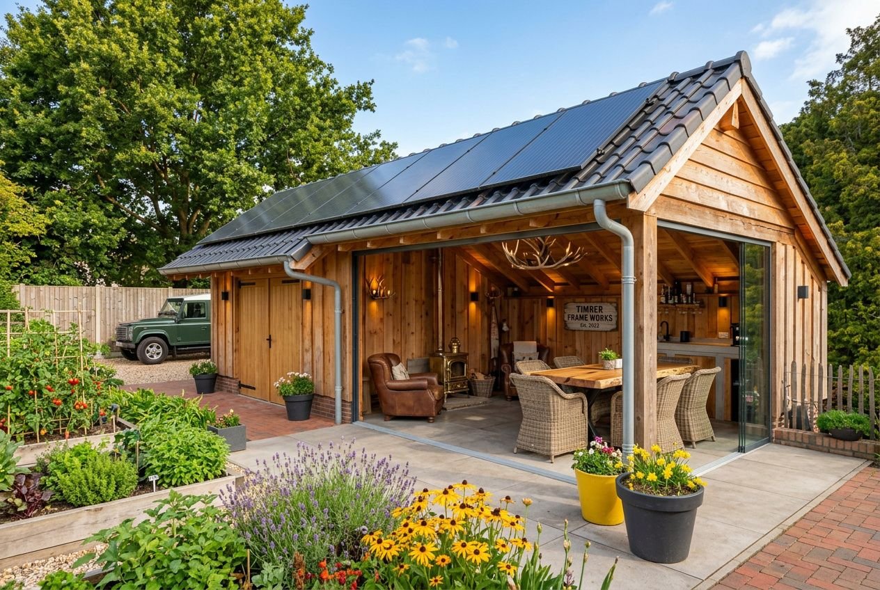Petit bâtiment en ossature bois converti en terrasse couverte, avec panneaux clairs, toit en tuiles et plantes autour. Concept “comment construire un garage en ossature bois” évoqué par la structure simple et fonctionnelle.