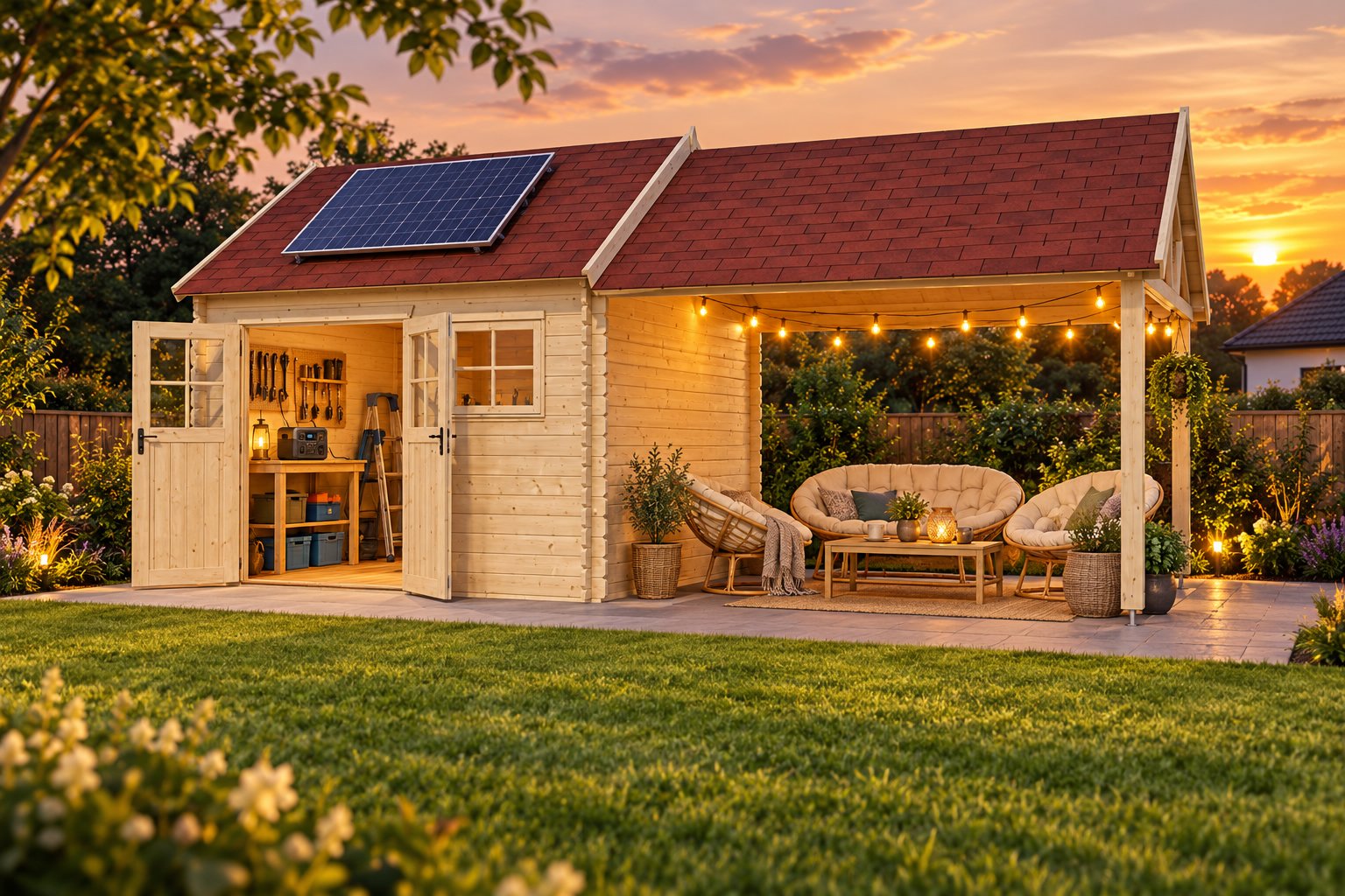 Petit cabanon en bois avec terrasse extérieure et lumière chaleureuse au coucher du soleil, équipé d’un panneau solaire sur le