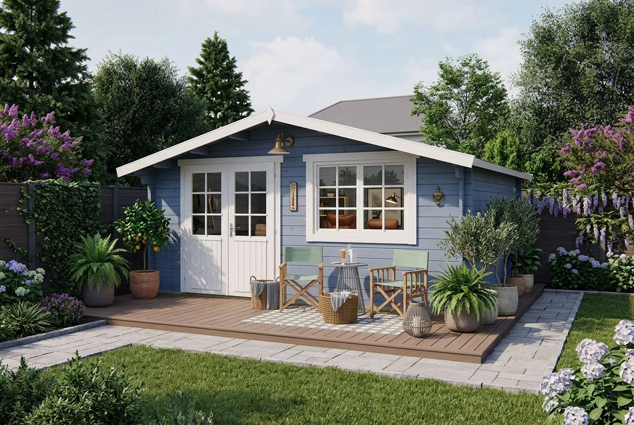 Petit chalet bleu avec terrasse en bois et jardinet, entouré de verdure et de fleurs. Alt: construction chalet permis conforme à l'image.