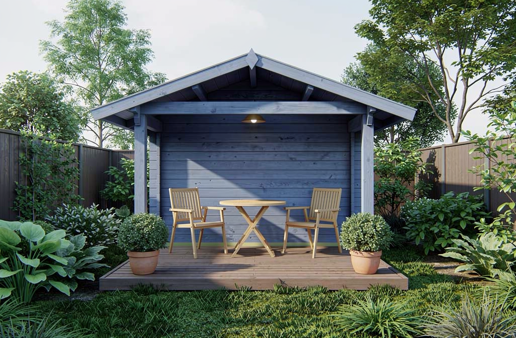 Petit chalet en bois bleu avec terrasse et mobilier en bois, ambiance jardin zen. aménagement petit chalet.