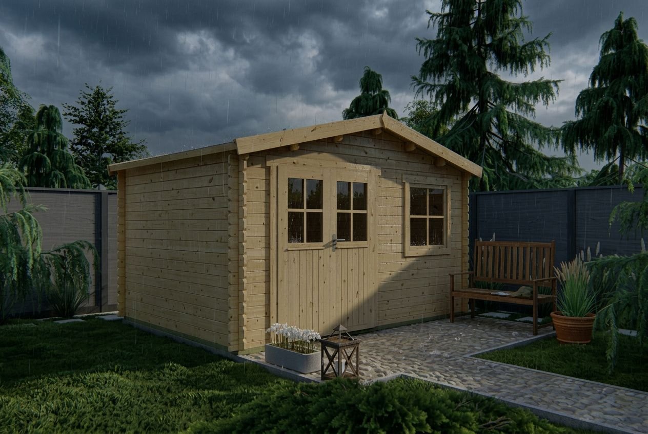 Petit chalet en bois en bois clair dans un jardin, près d’un chemin pavé; bench, plantes en pot et décoration extérieure sous ciel gris. Comment protéger un chalet en bois.
