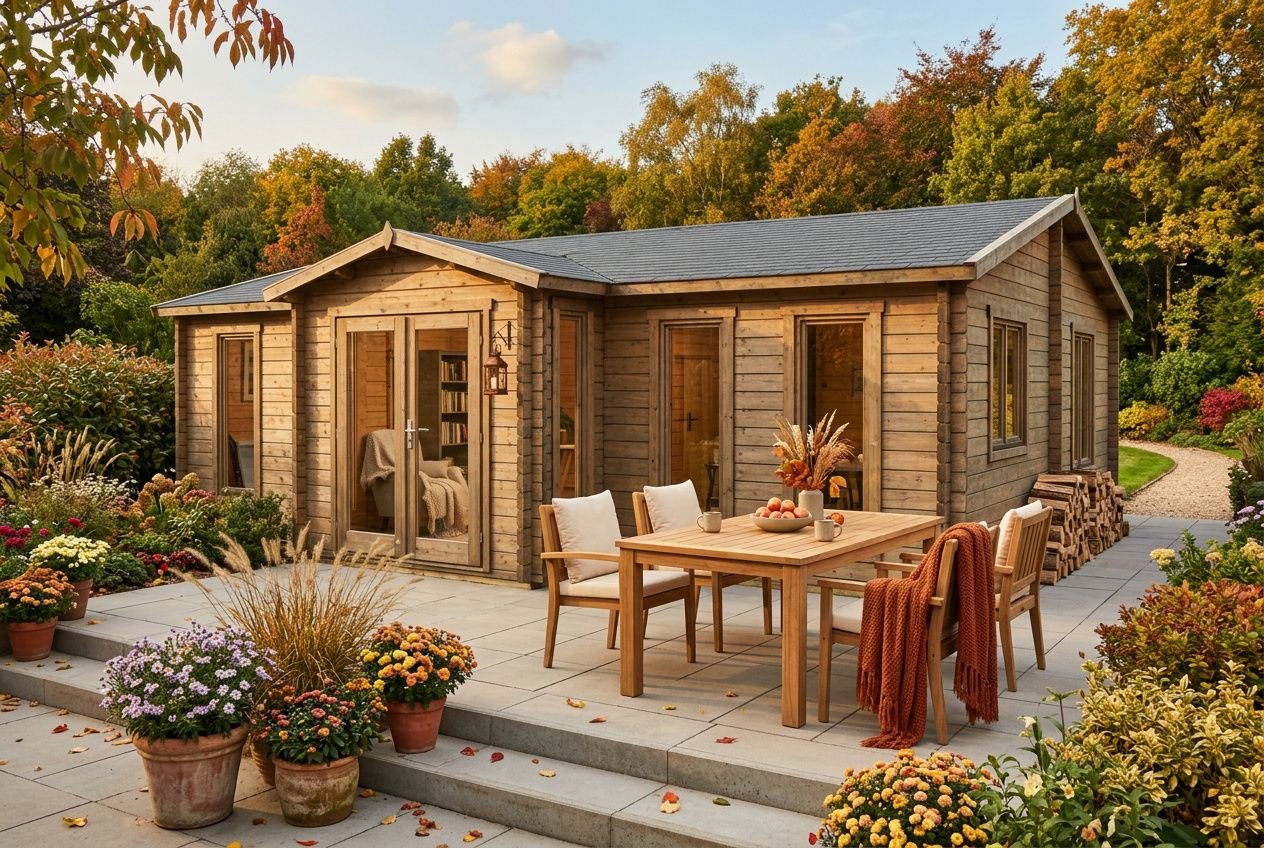 Petit chalet en bois habitable en extérieur, avec terrasse ornée de fleurs et table extérieure prête à dîner. Serait parfait pour vivre dans un chalet toute l'année.