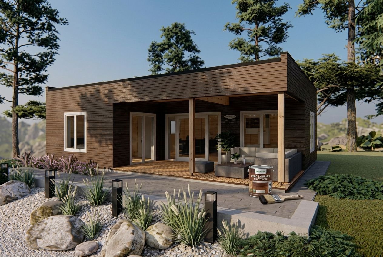 Petit chalet bois habitable en façade moderne, terrasse bois et toit plat, entouré de verdure et de rocailles.