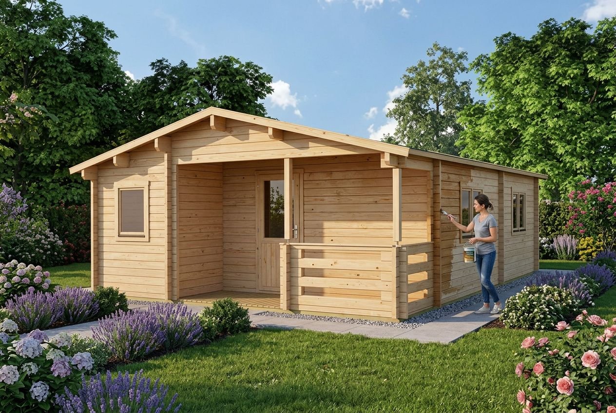 Petit chalet en bois habitable avec terrasse, entouré de jardin et de fleurs, personne appliquant une lasure sur la façade.
