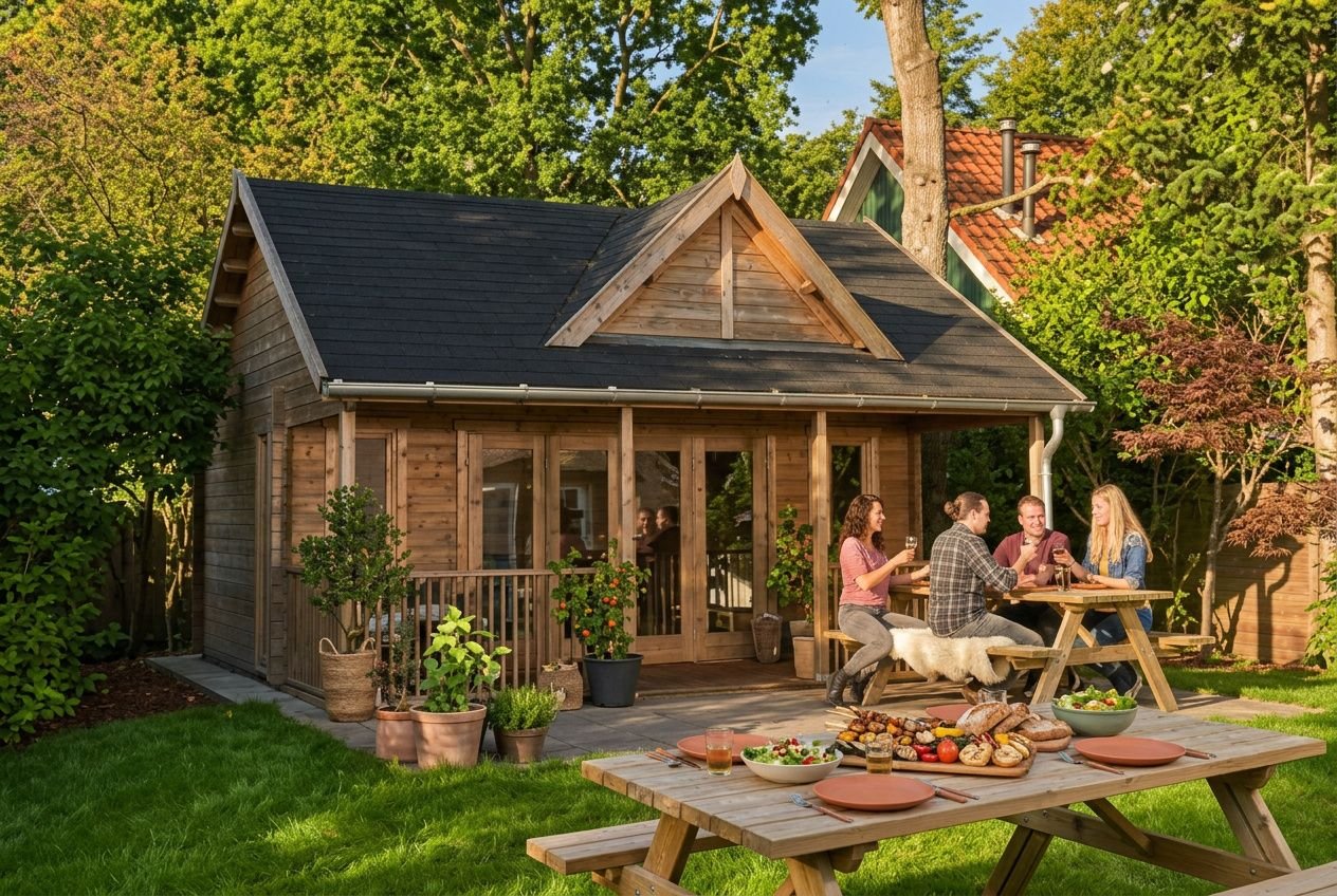 Petit chalet en bois en jardin, table d’extérieur avec repas entre amis, végétation gardée et ambiance conviviale pour un logement insolite et atypique.