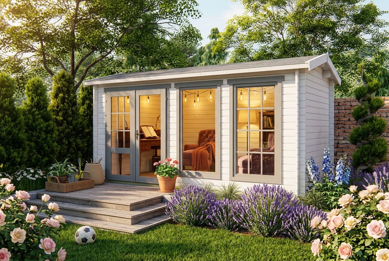 Petit chalet en bois avec terrasse, entouré de fleurs, offrant une porte-fenêtre et des fenêtres lumineuses. Amenagement petit chalet bois.