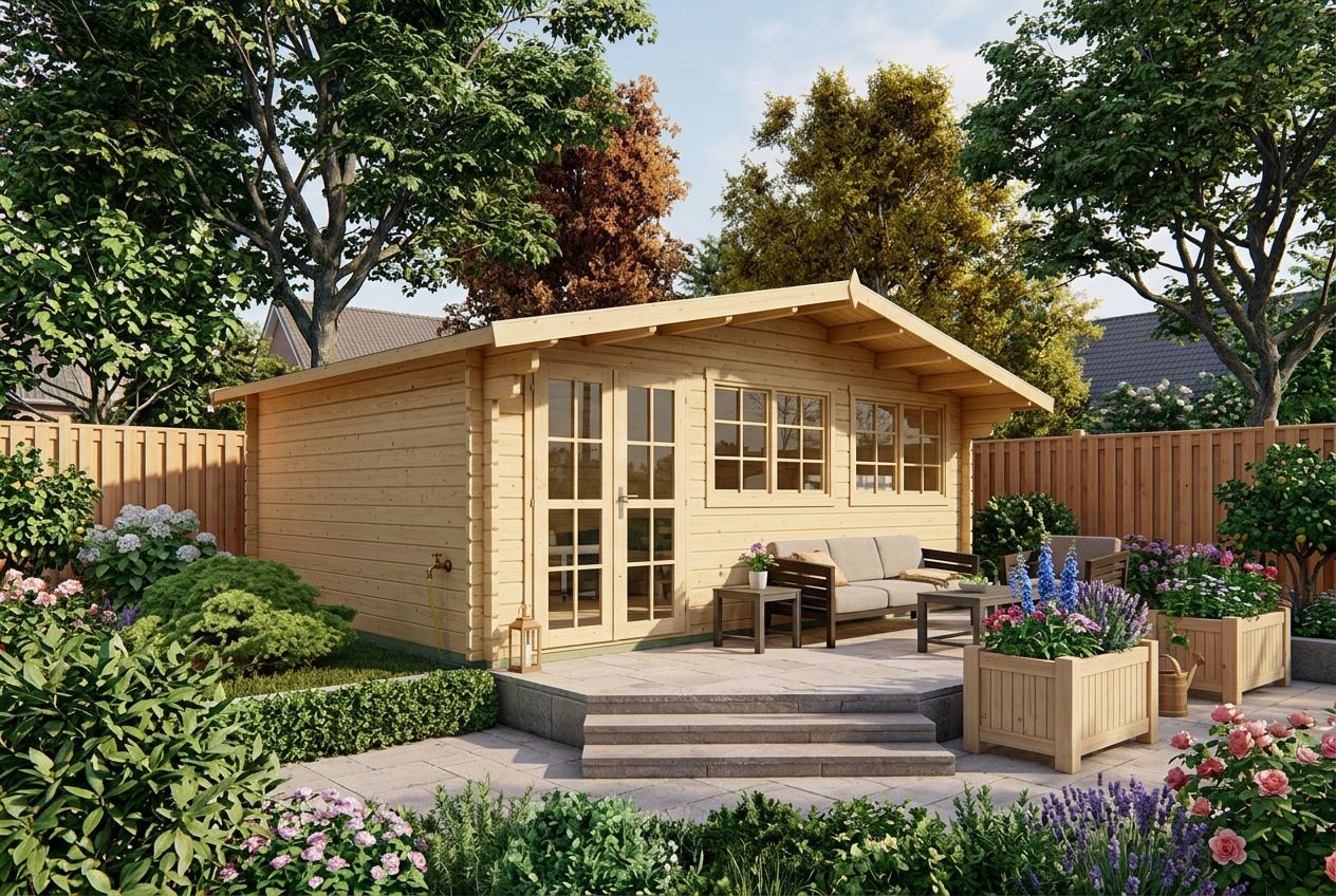 Petit chalet en bois avec terrasse, entouré de jardin et de fleurs, prêt à aménager.