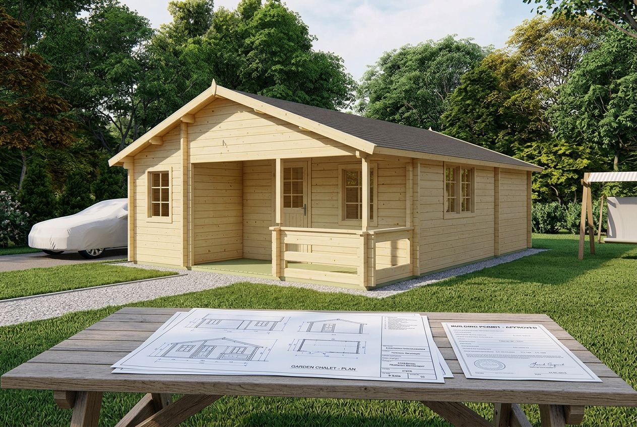 Petit chalet en bois avec terrasse, plans d’urbanisme sur table: exemple de construction chalet permis et démarches.