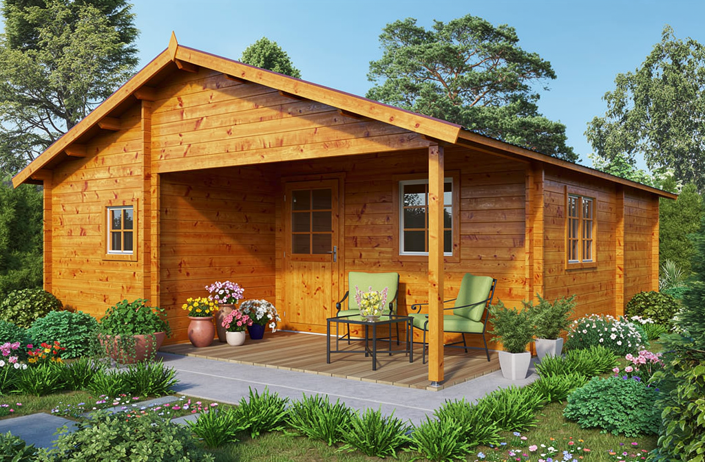 Petit chalet en bois with terrasse, plantes et mobilier cosy, décor chaleureux. Aménagement petit chalet idéal.