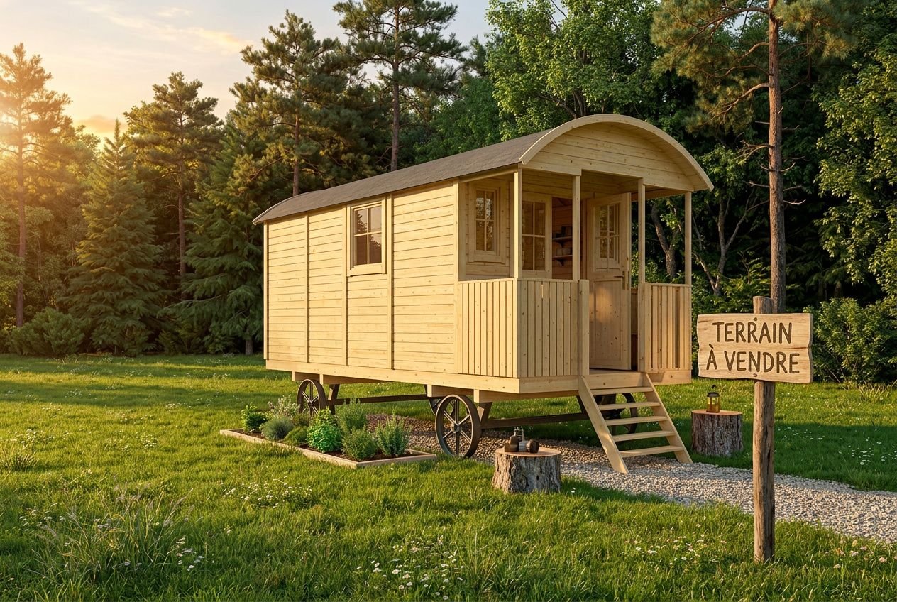 Petit chalet de jardin en bois sur roues, posé sur terrain vert, panneau “Terrain à vendre” à côté, lumière crépusculaire. chalet de jardin est-il imposable