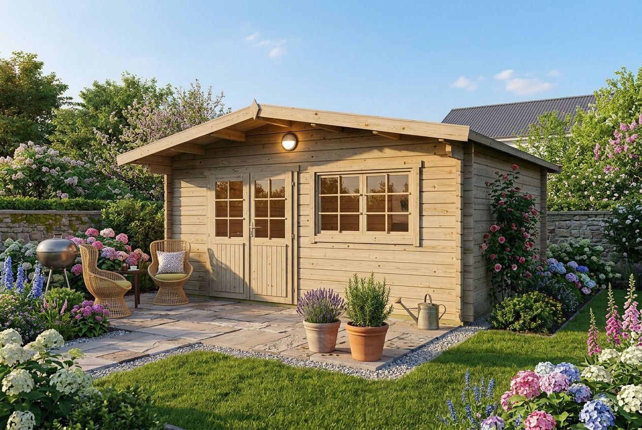 Petit chalet de jardin en bois avec terrasse et poteries, entouré de fleurs et de verdure. Chalet de jardin est-il imposable.