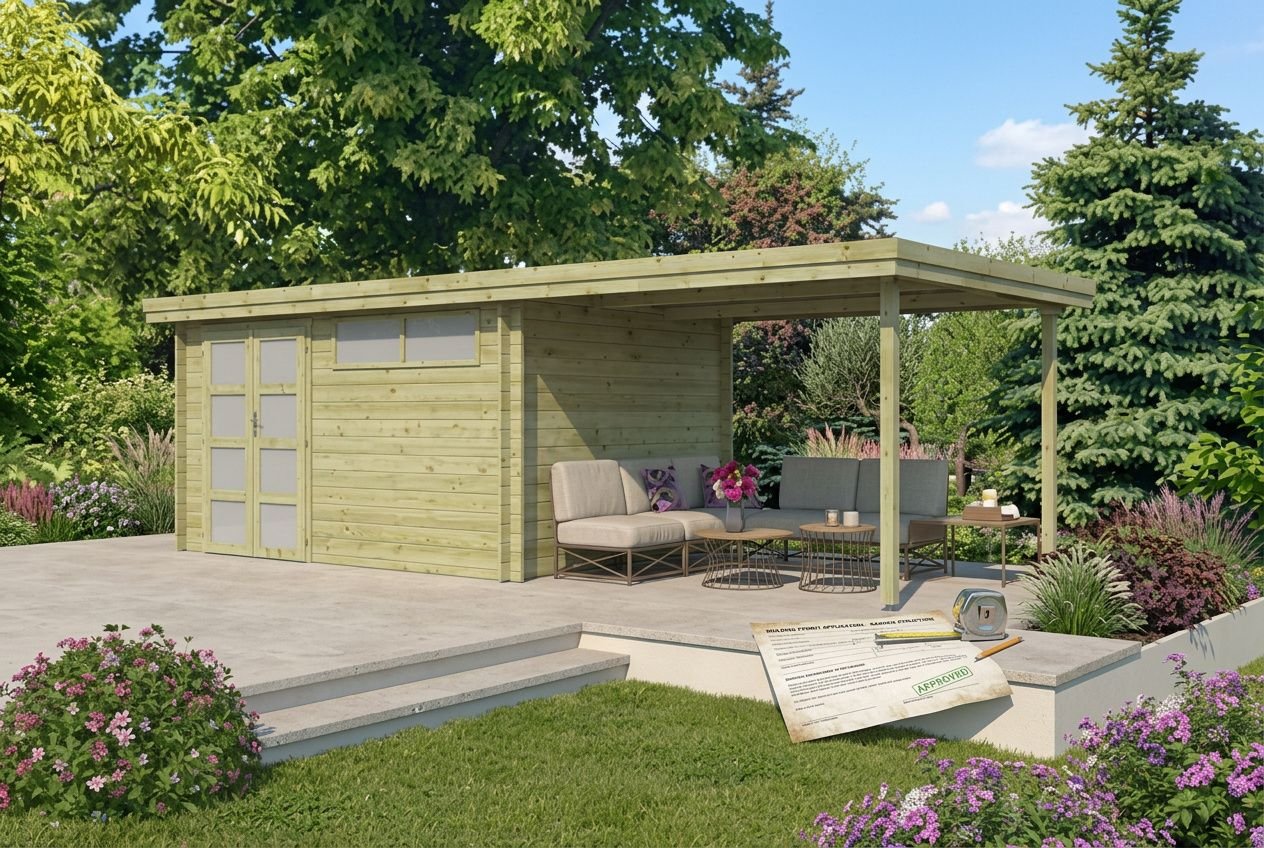 Petit pool house en bois avec terrasse couverte, intégrant un salon extérieur et un toit double pente, entouré de verdure. construction poolhouse bois.