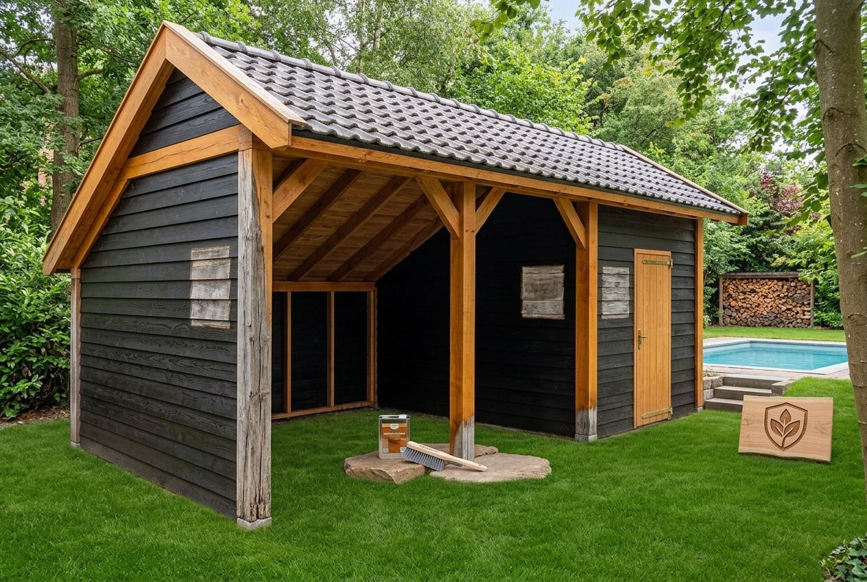 Petit poolhouse en bois noirci avec toit en tuiles, structure ouverte sur l’avant et porte, entouré d’arbres et de pelouse. Entretien poolhouse bois visible.
