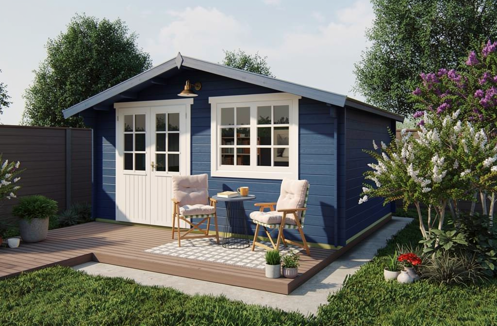 Petite chalette bleue avec terrasse aménagée: fauteuils et table, jardin fleuri et espace convivial sous un ciel clair, idéal pour l’aménagement intérieur petit chalet.