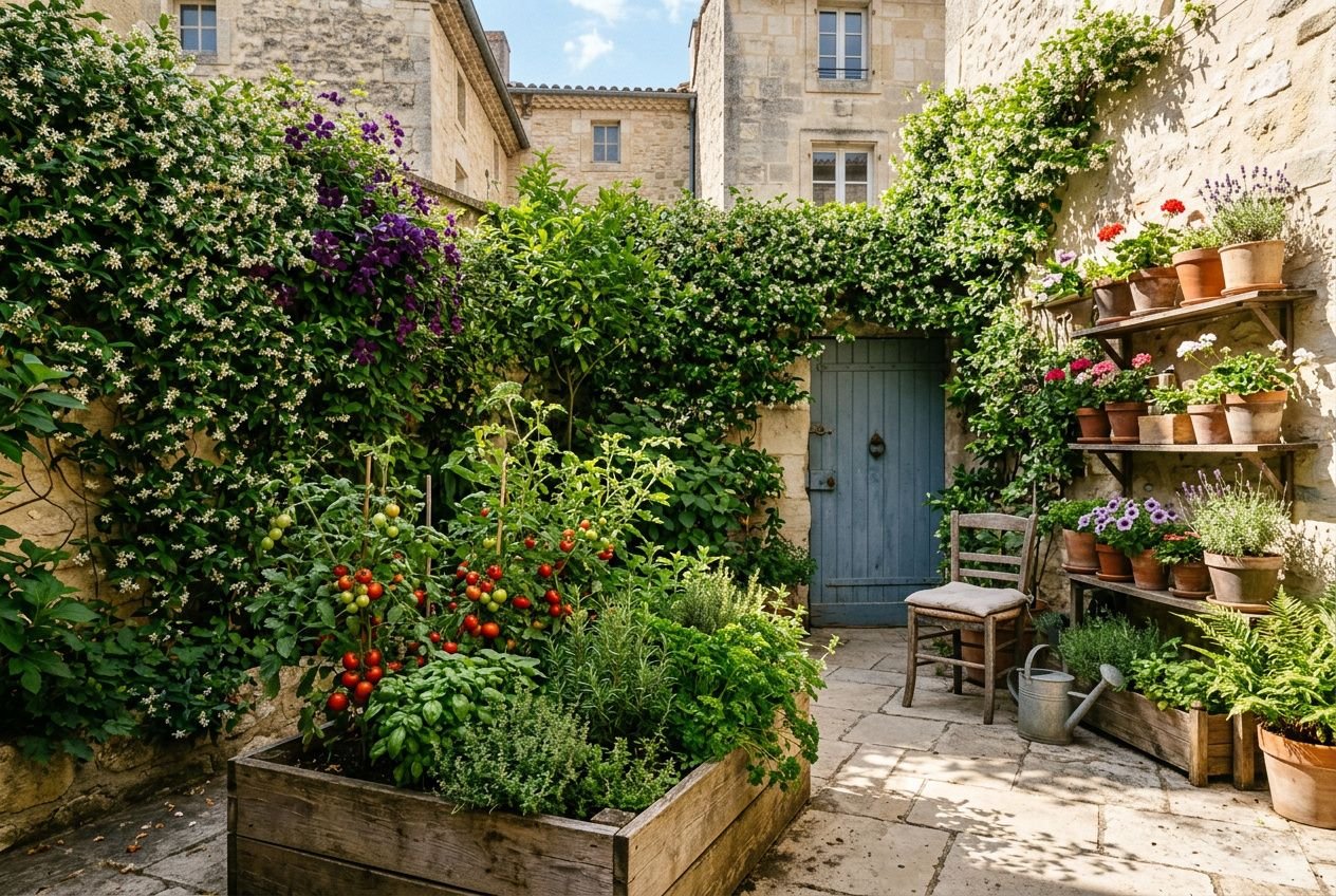 Petite cour fleurie avec mur en pierre, porte bleue et rangées de pots sur l’étagère; potager et tomateier dans une jardinière en bois et sièges rustiques. Aménager un petit jardin de 20m2 évoqué.