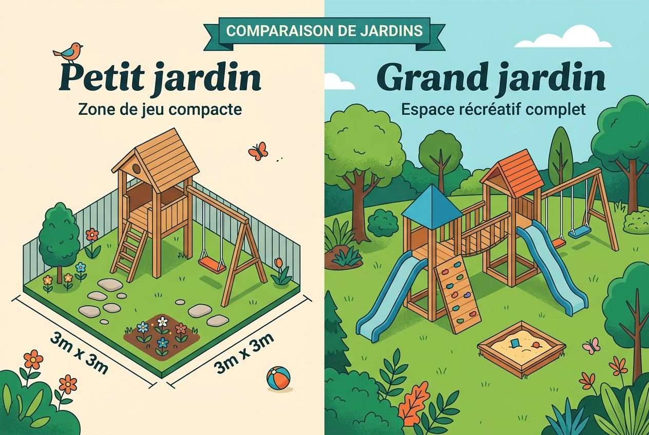 Petite et Grand jardin côte à côte : aire de jeux enfants jardin pour zone de jeu compacte et espace récréatif avec toboggan, balançoire et bac à sable.