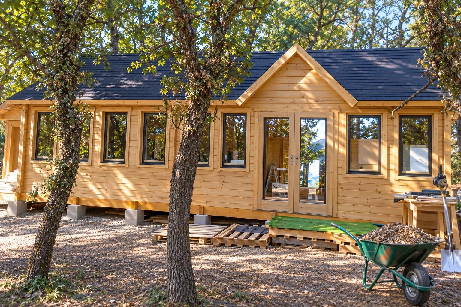 Une petite maison en bois montée sur pilotis dans un environnement feuillu, avec plusieurs fenêtres et une porte vitrée au